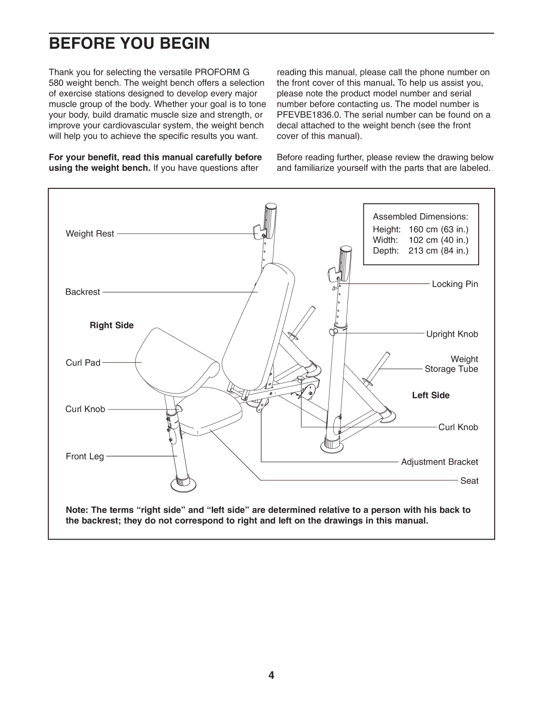 ProForm PFEVBE1836.0 user manual Before YOU Begin, Right Side, Left Side 