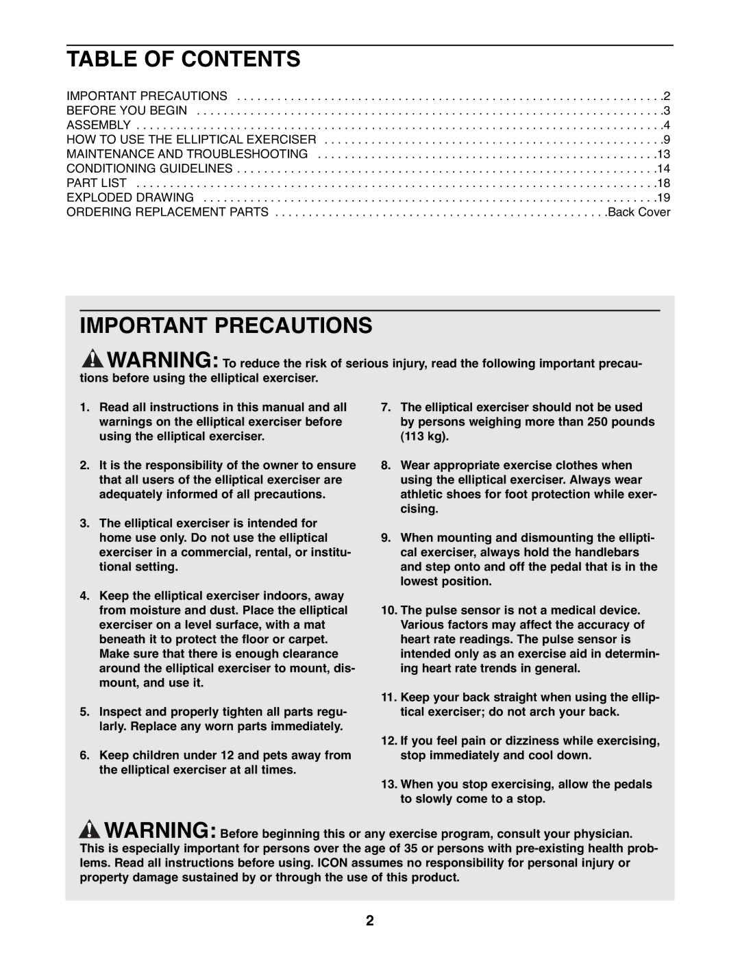 ProForm PFEVEL2486.0 user manual Table of Contents, Important Precautions 