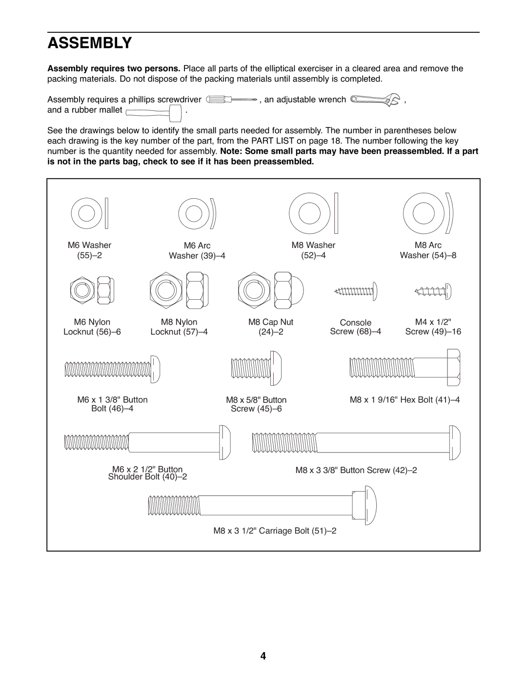 ProForm PFEVEL2486.0 user manual Assembly, Shoulder Bolt M8 x 3 1/2 Carriage Bolt 