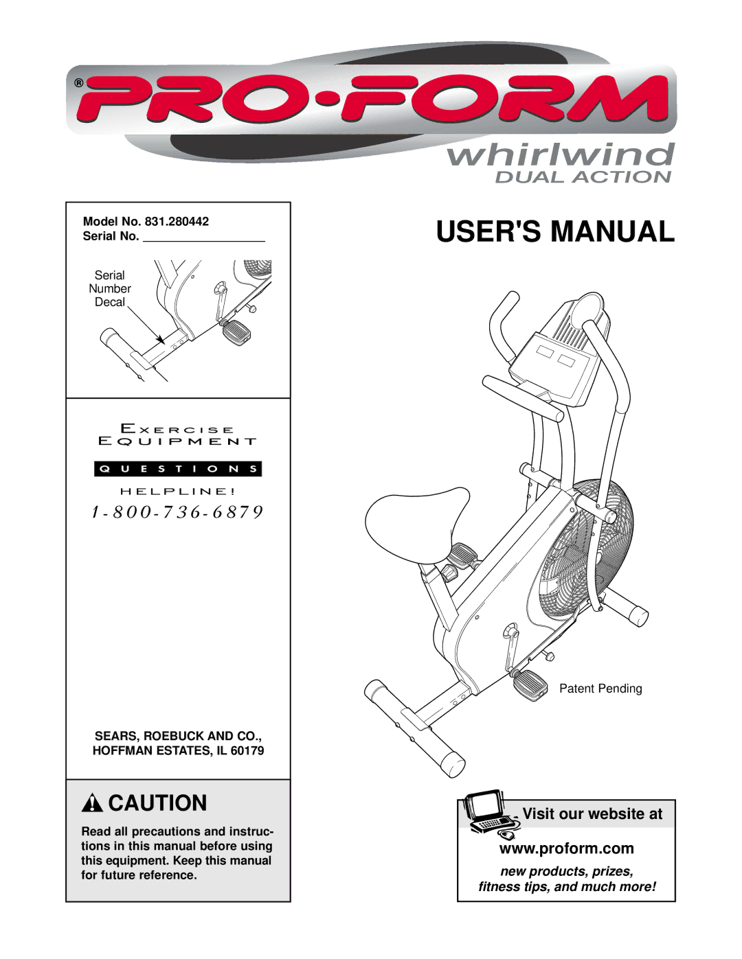 ProForm PFEVEL2786.0 user manual Serial Number Decal, Patent Pending 