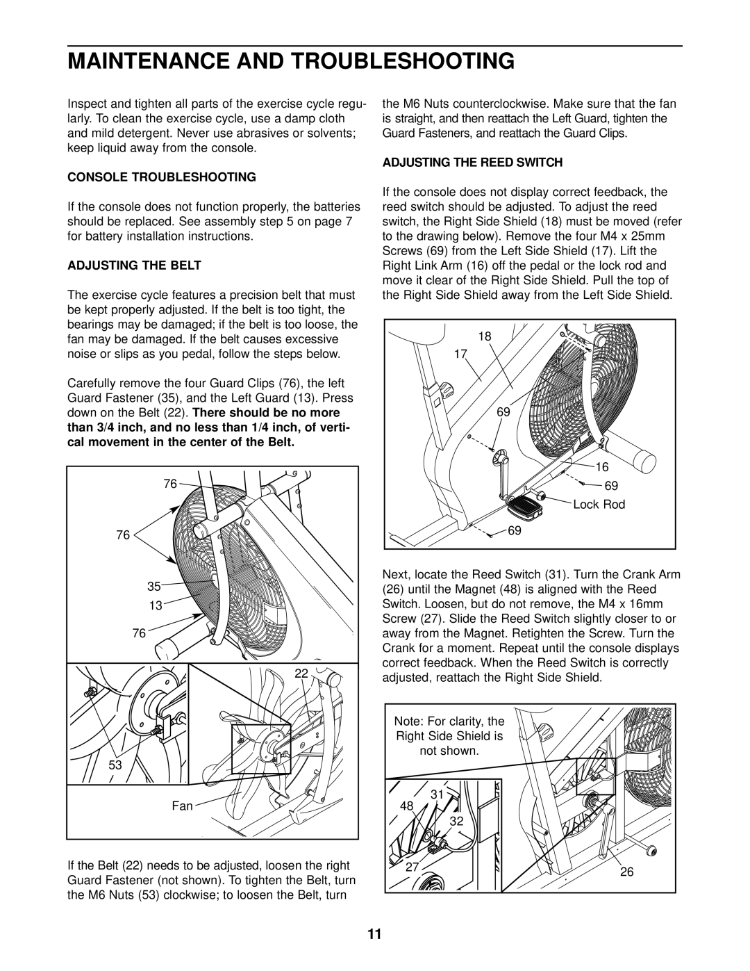 ProForm PFEVEL2786.0 user manual Console Troubleshooting, Adjusting the Belt, Adjusting the Reed Switch 