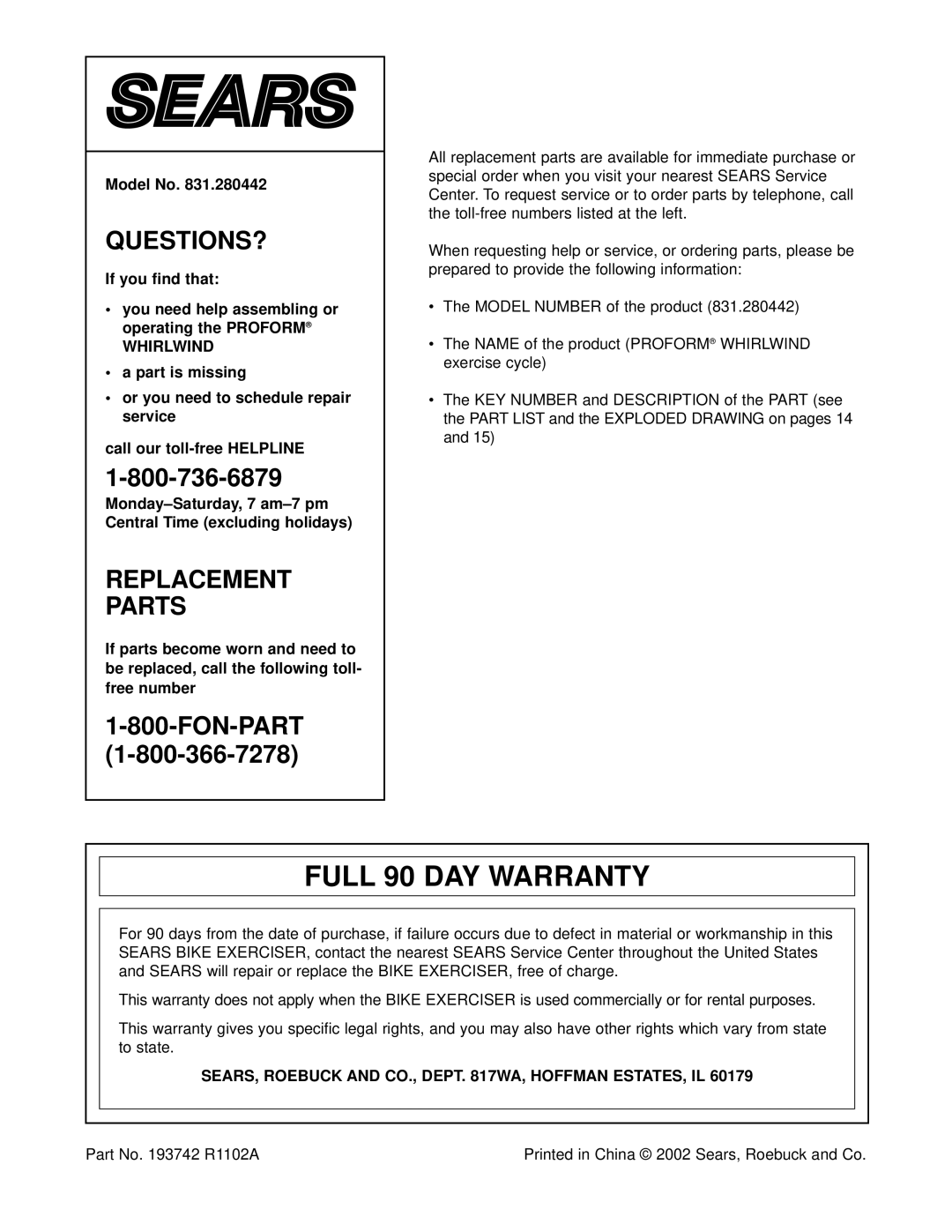 ProForm PFEVEL2786.0 user manual Full 90 DAY Warranty, Whirlwind, SEARS, Roebuck and CO., Dept WA, Hoffman ESTATES, IL 