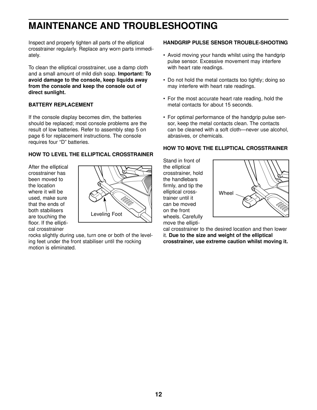 ProForm PFEVEL29010 Maintenance and Troubleshooting, Battery Replacement, HOW to Level the Elliptical Crosstrainer 