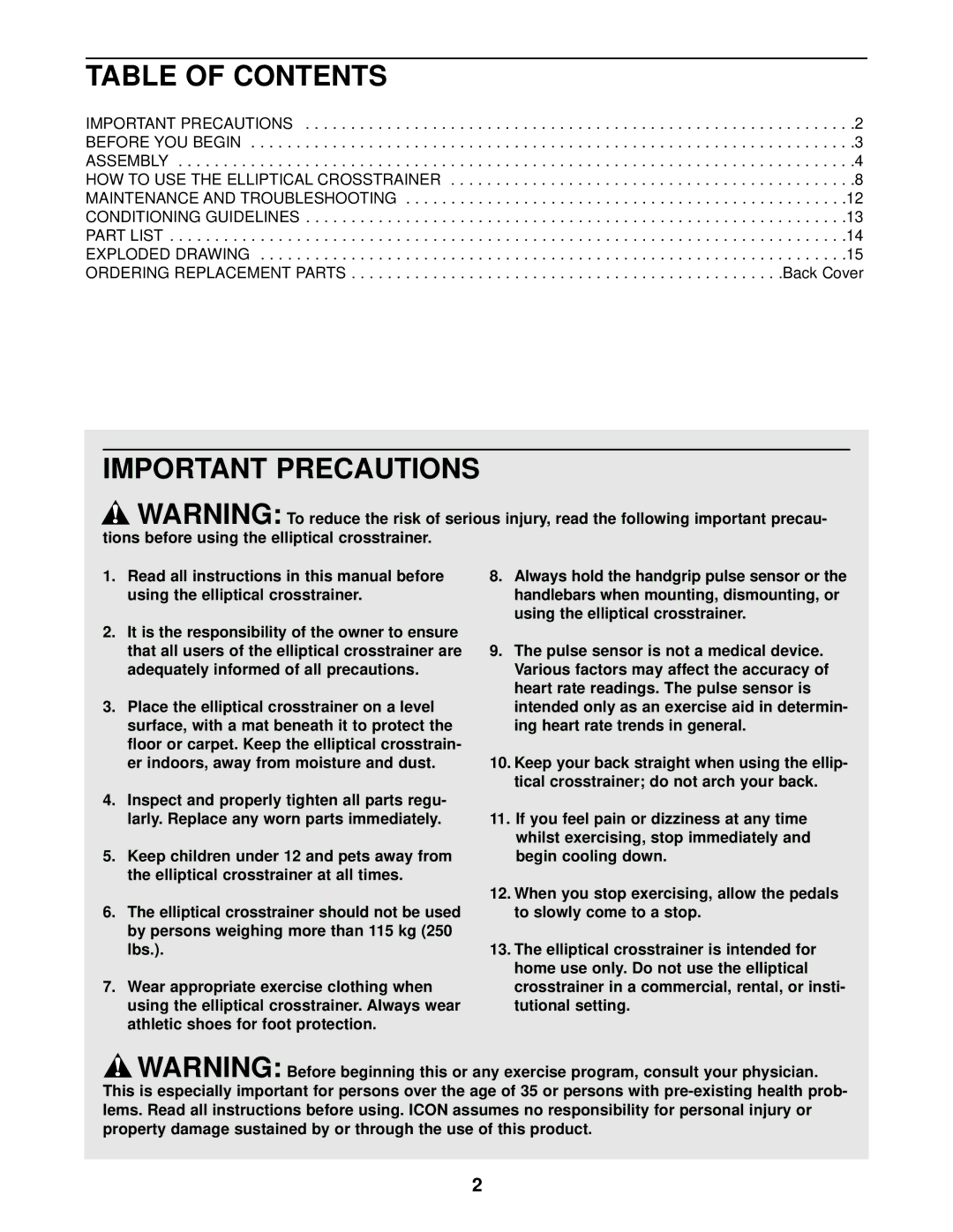 ProForm PFEVEL29010 user manual Table of Contents, Important Precautions 