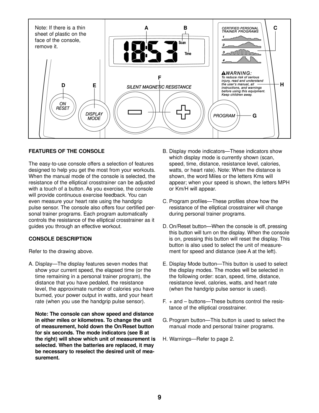 ProForm PFEVEL29010 user manual Features of the Console, Console Description 