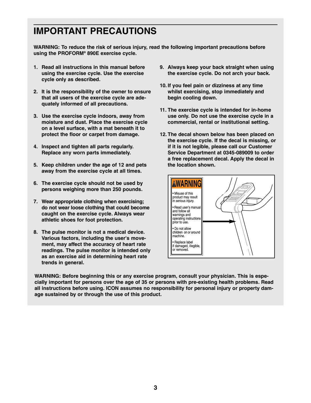 ProForm PFEVEX34181 user manual Important Precautions 