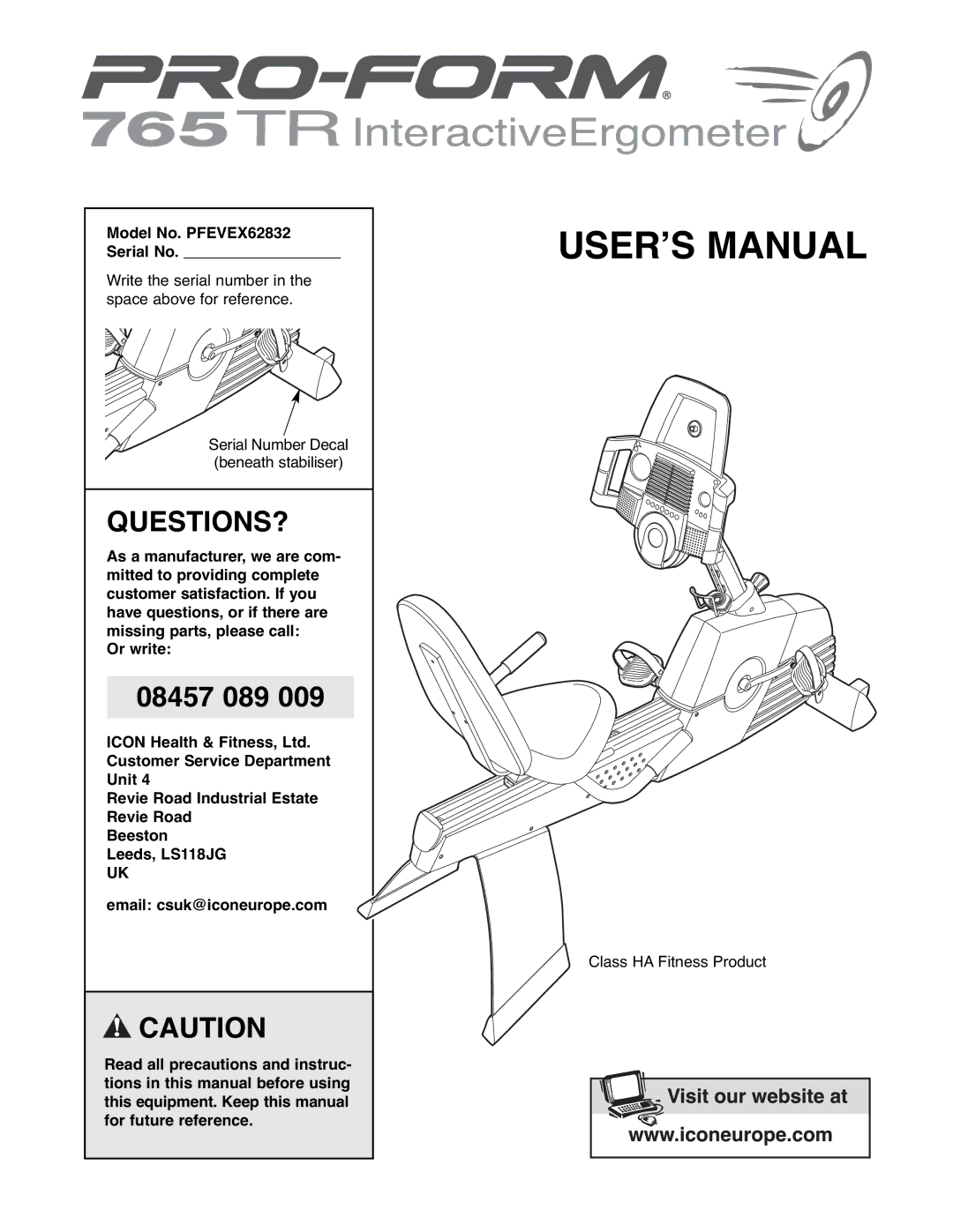 ProForm user manual Questions?, Model No. PFEVEX62832 Serial No 