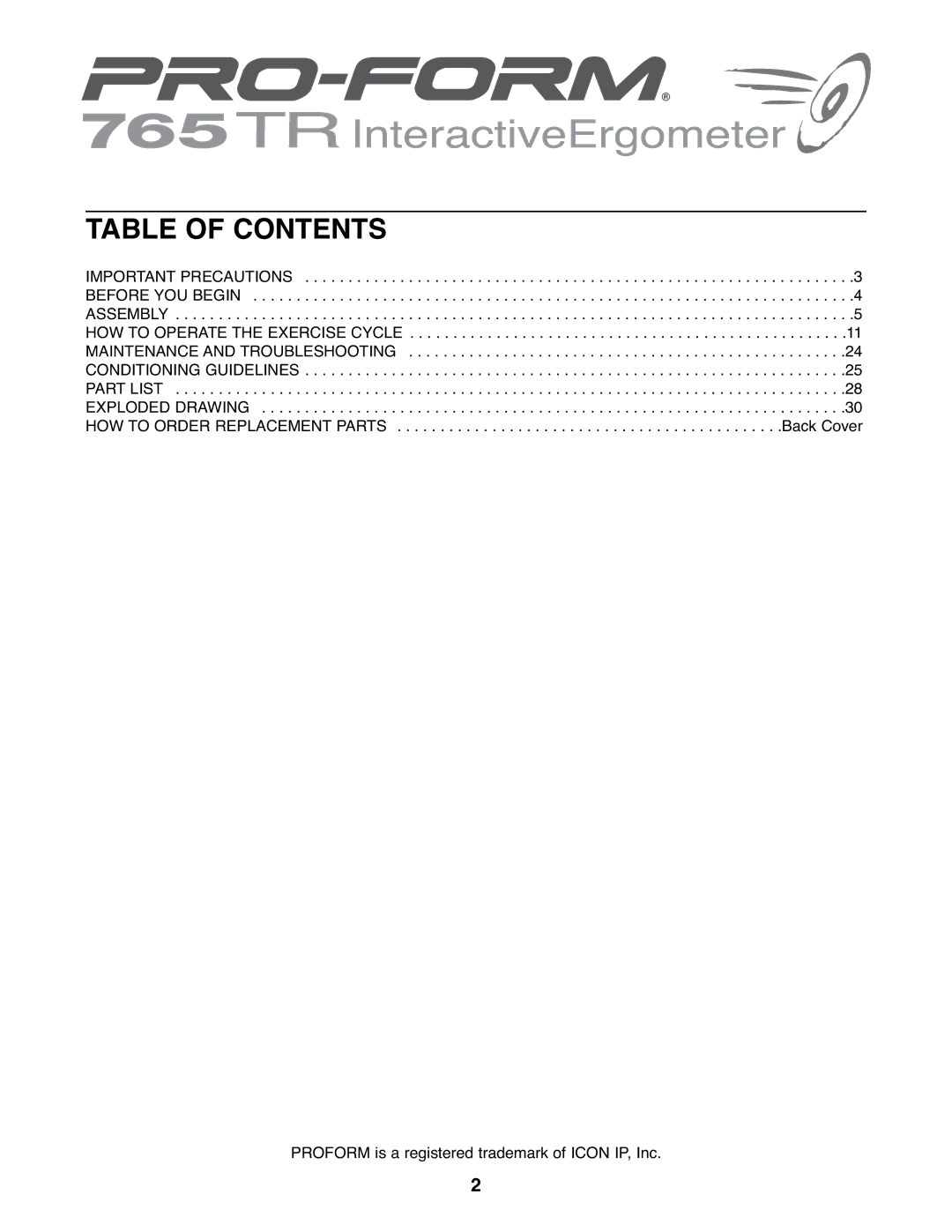 ProForm PFEVEX62832 user manual Table of Contents 