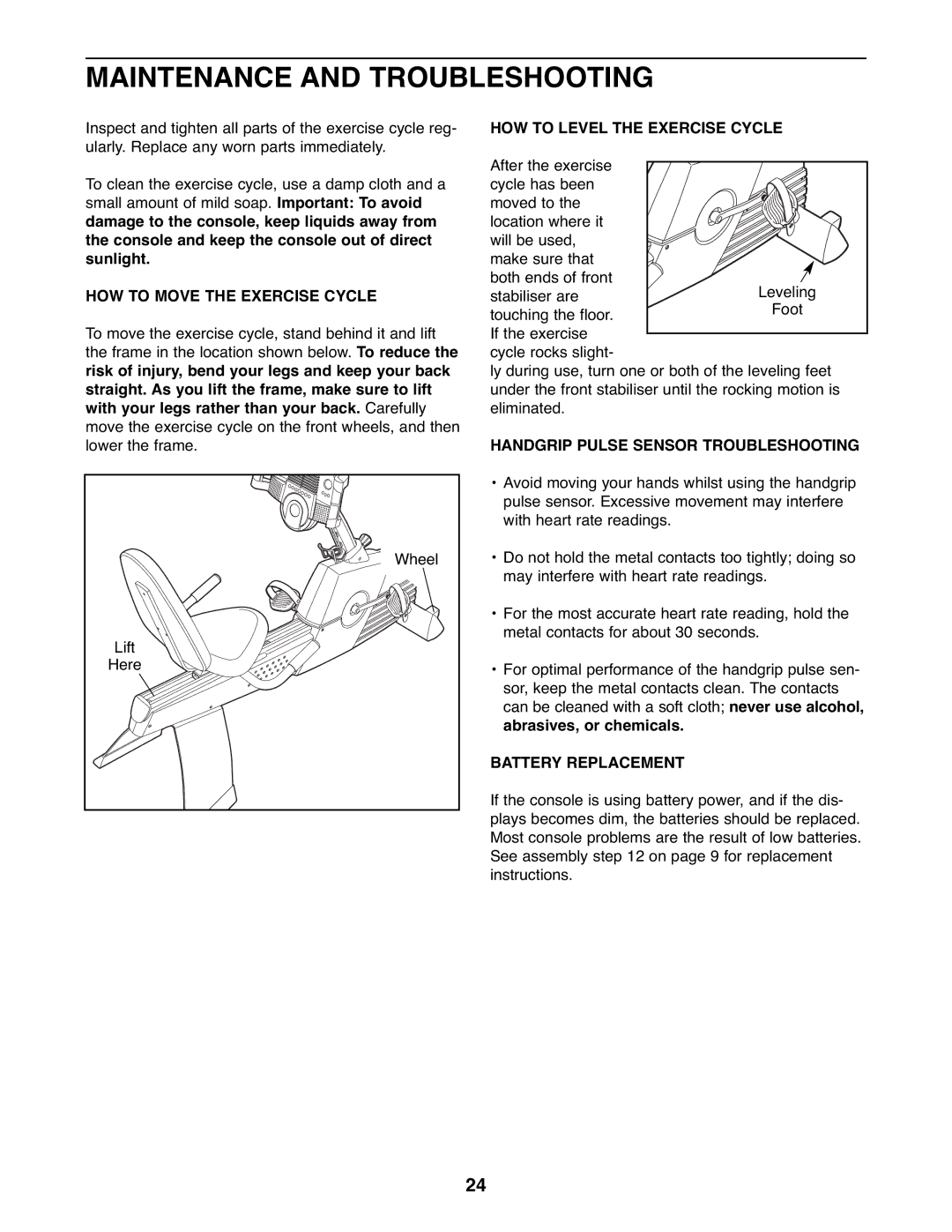 ProForm PFEVEX62832 Maintenance and Troubleshooting, HOW to Move the Exercise Cycle, HOW to Level the Exercise Cycle 