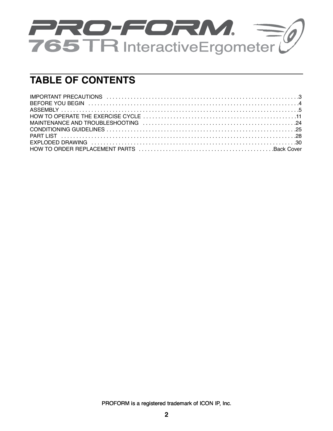 ProForm PFEVEX62832 user manual Table Of Contents, PROFORM is a registered trademark of ICON IP, Inc 