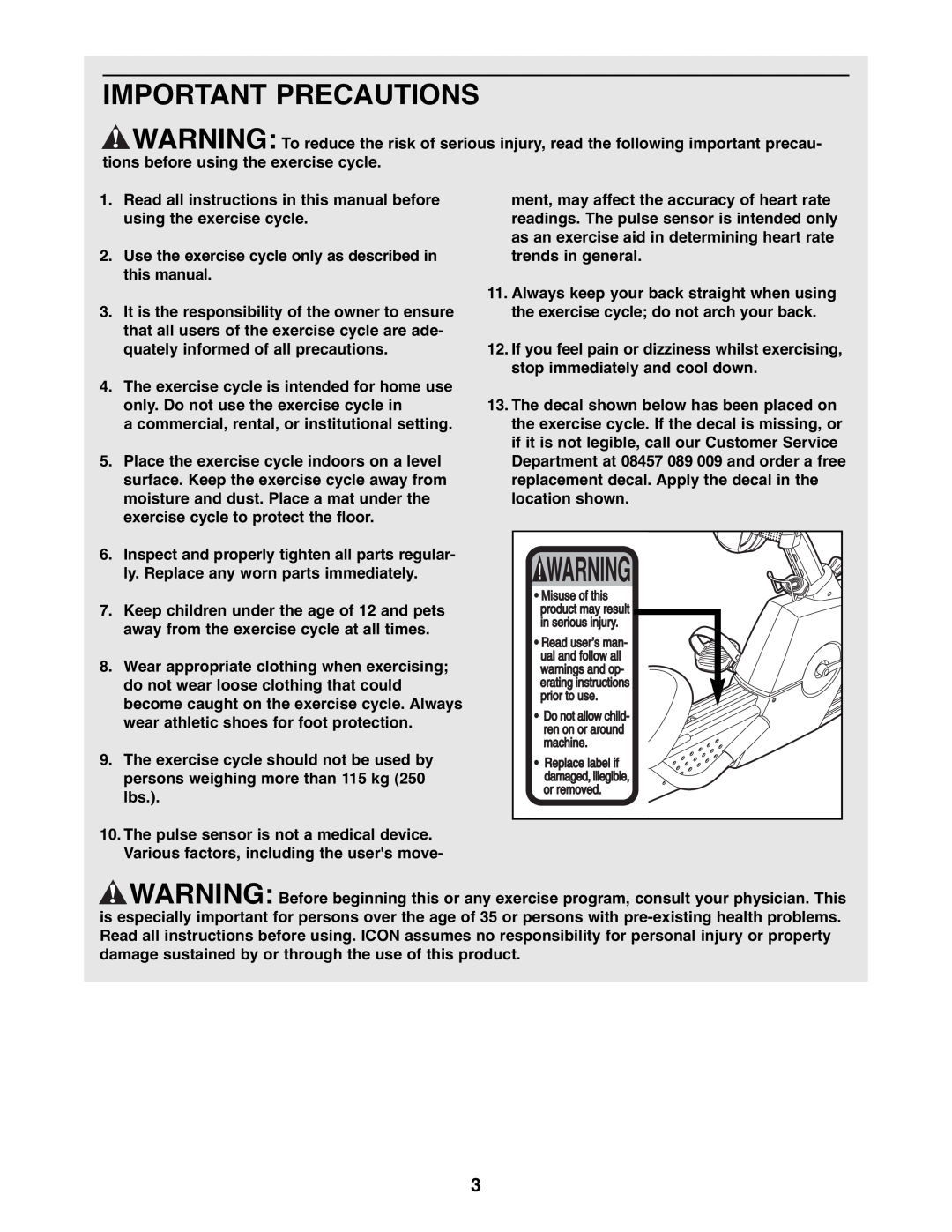 ProForm PFEVEX62832 user manual Important Precautions 