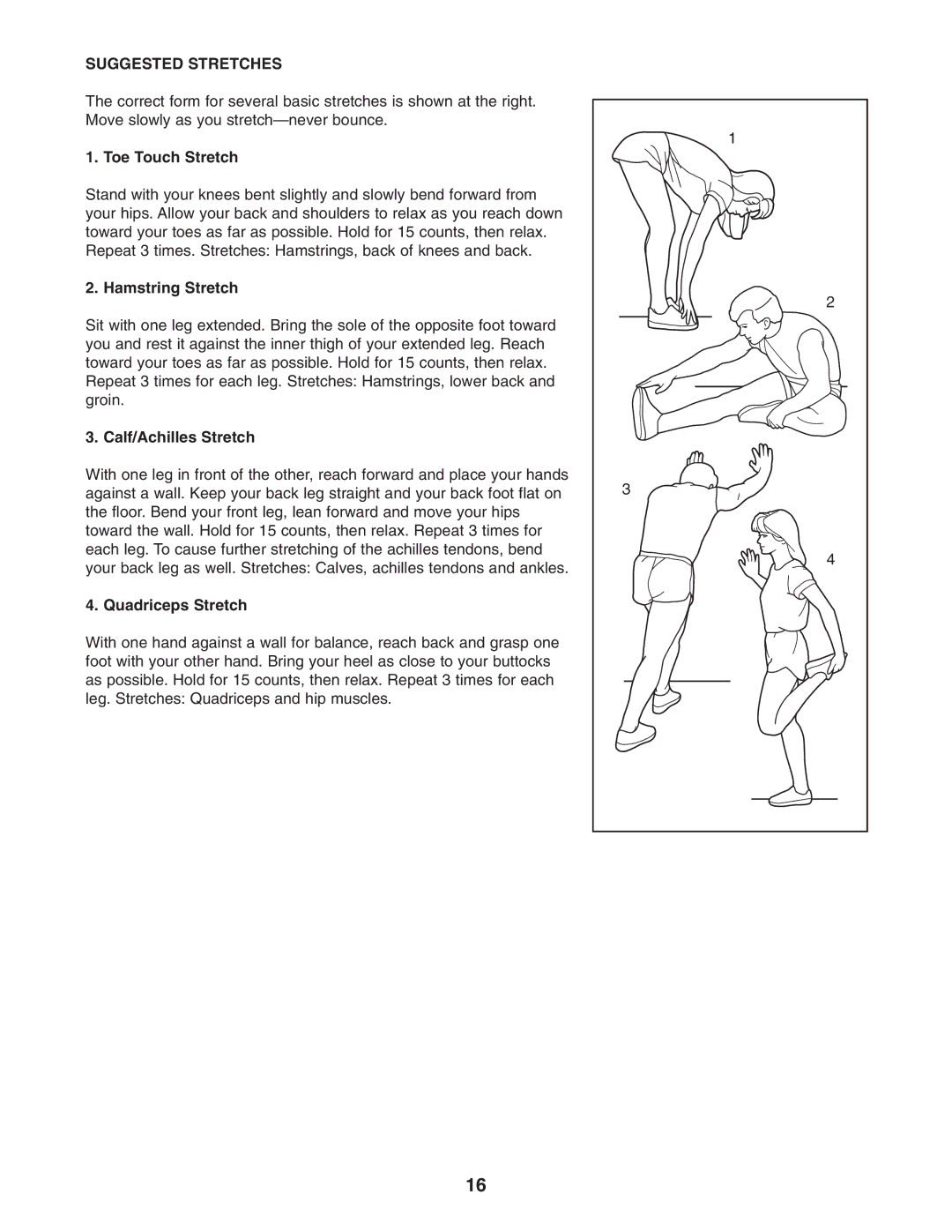 ProForm PFEX1495.0 Suggested Stretches, Toe Touch Stretch, Hamstring Stretch, Calf/Achilles Stretch, Quadriceps Stretch 