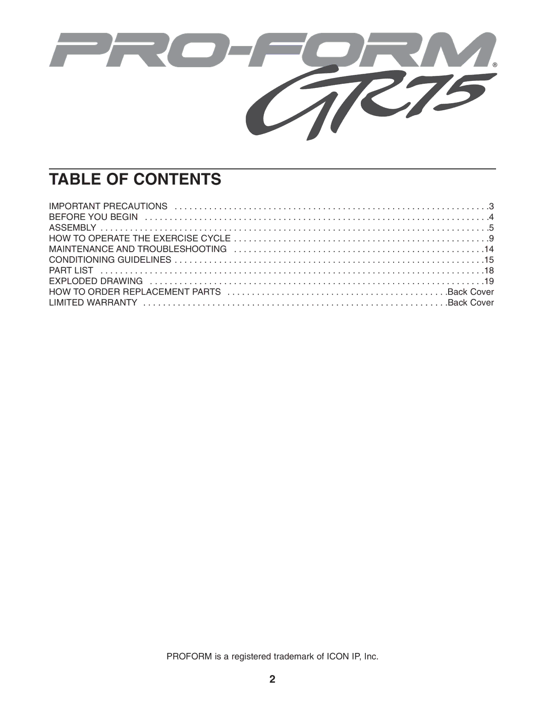 ProForm PFEX1495.0 user manual Table of Contents 