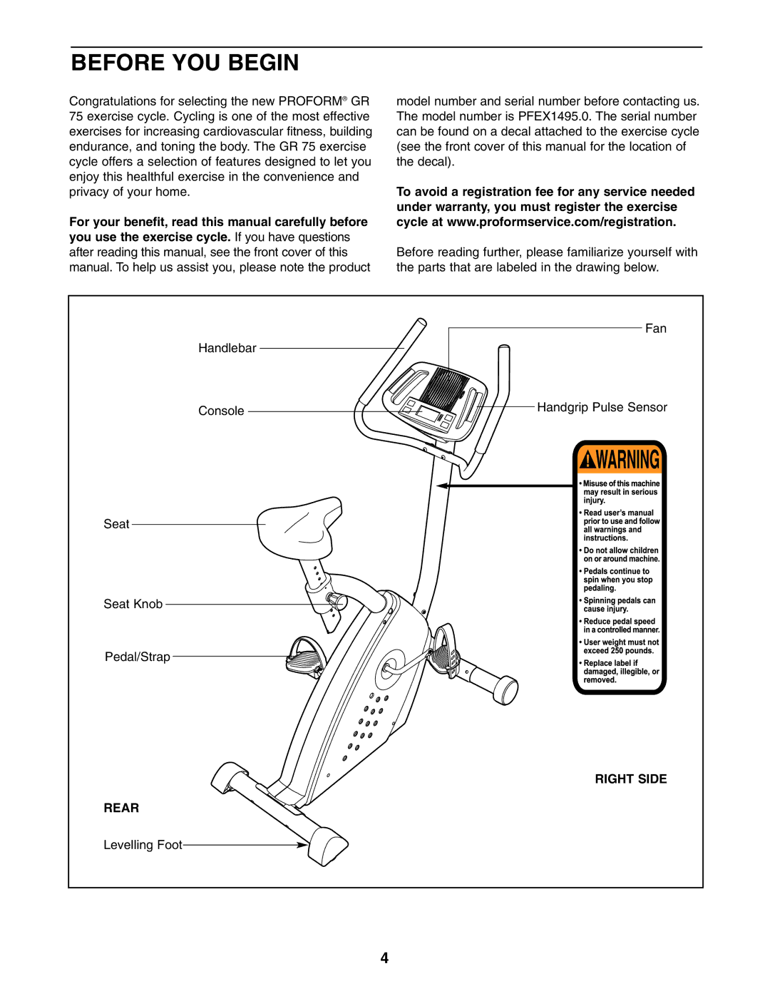 ProForm PFEX1495.0 user manual Before YOU Begin, Right Side, Rear 