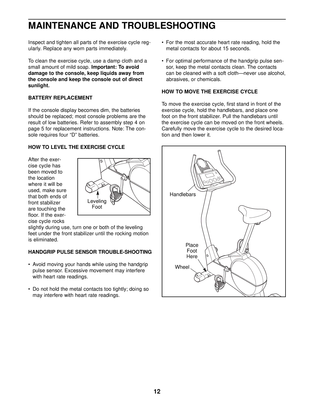 ProForm PFEX17910 user manual Maintenance and Troubleshooting, Battery Replacement, HOW to Level the Exercise Cycle 