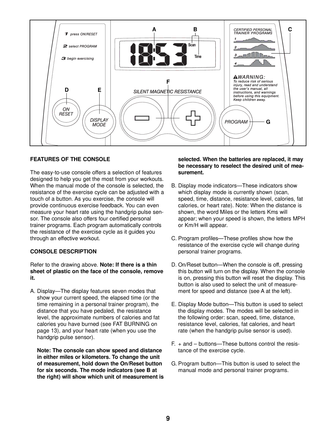 ProForm PFEX17910 user manual Features of the Console, Console Description 