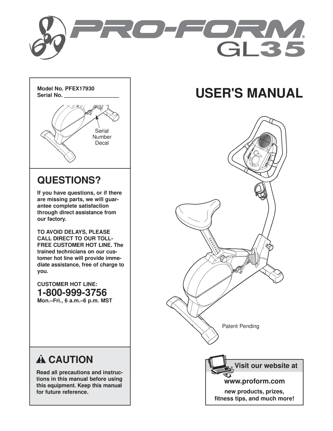 ProForm user manual Questions?, Model No. PFEX17930 Serial No, Customer HOT Line 