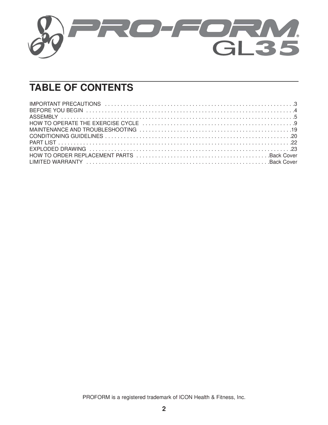 ProForm PFEX17930 user manual Table of Contents 