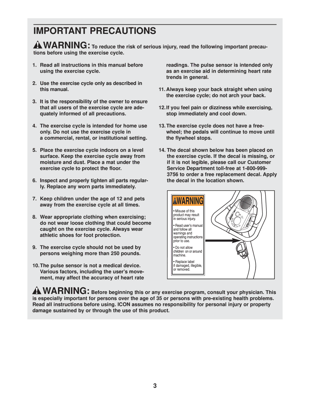 ProForm PFEX17930 user manual Important Precautions 