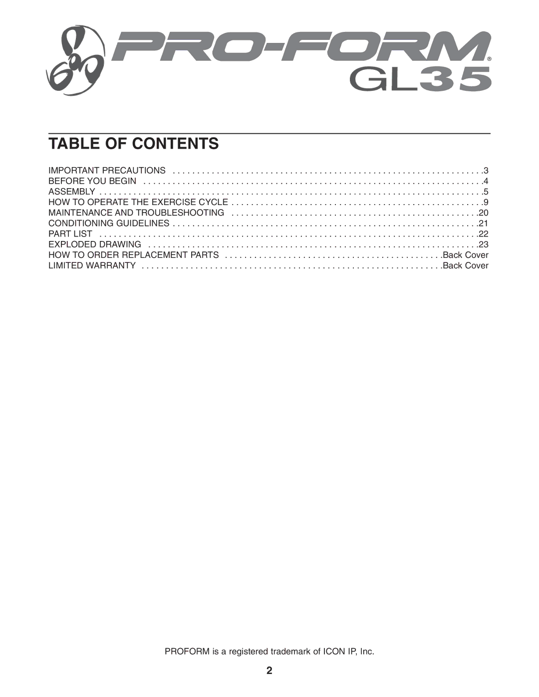 ProForm PFEX17932 user manual Table of Contents 