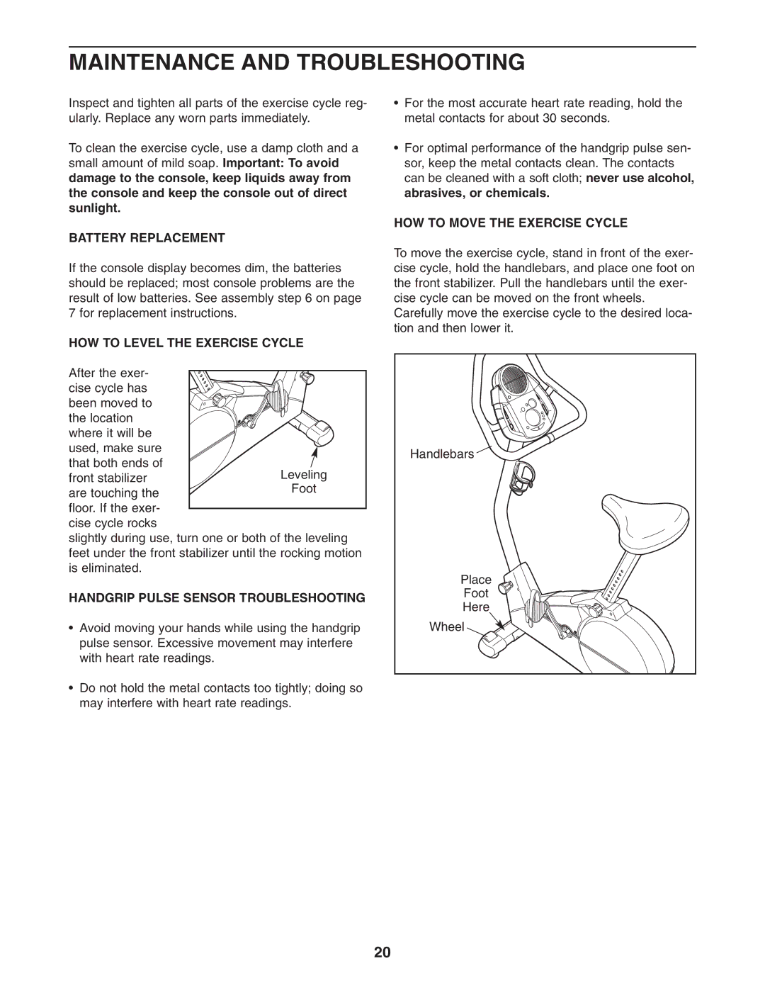 ProForm PFEX17932 user manual Maintenance and Troubleshooting, Battery Replacement, HOW to Level the Exercise Cycle 