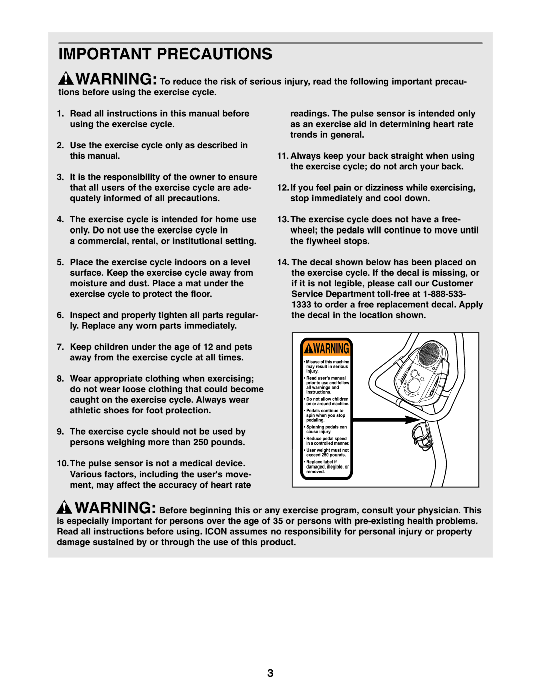 ProForm PFEX17932 user manual Important Precautions 