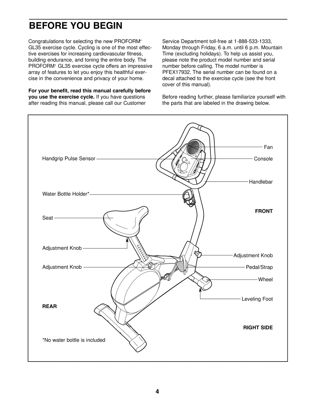 ProForm PFEX17932 user manual Before YOU Begin, Front, Rear Right Side 