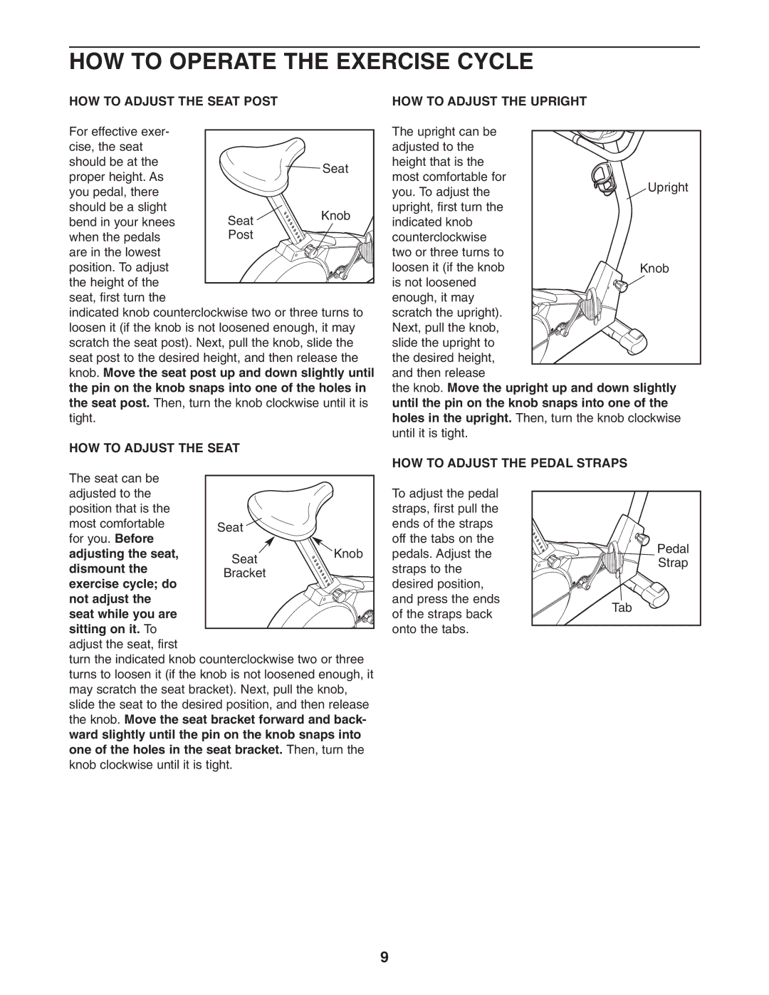 ProForm PFEX17932 HOW to Operate the Exercise Cycle, HOW to Adjust the Seat Post, HOW to Adjust the Pedal Straps 