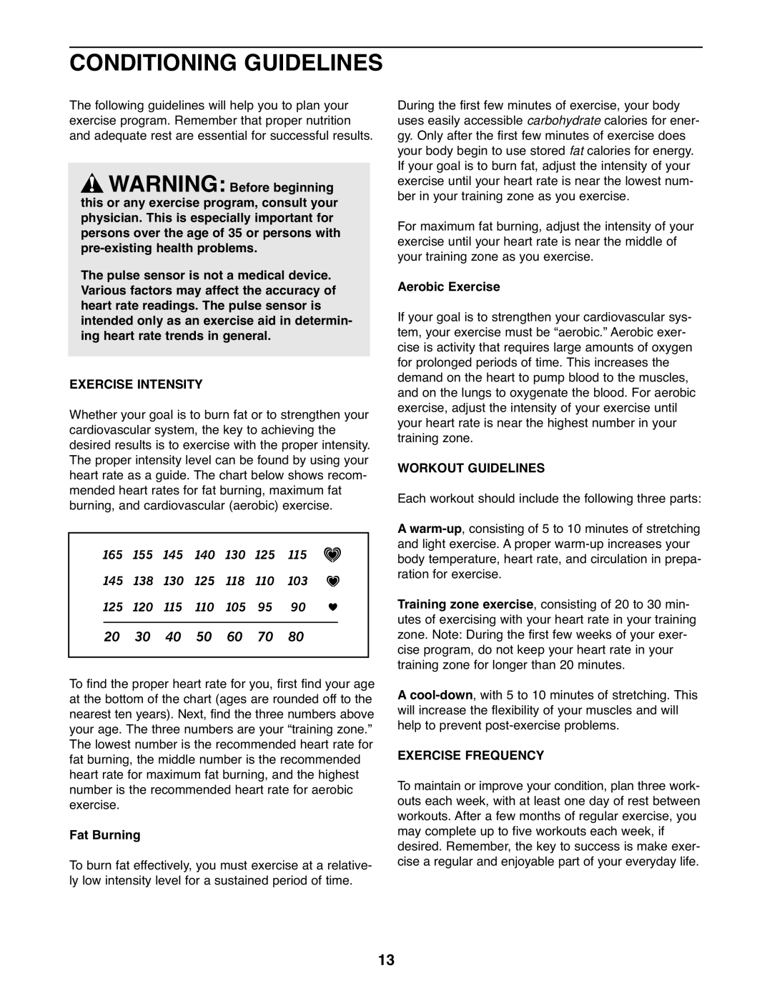 ProForm PFEX1995.0 user manual Conditioning Guidelines, Exercise Intensity, Workout Guidelines, Exercise Frequency 