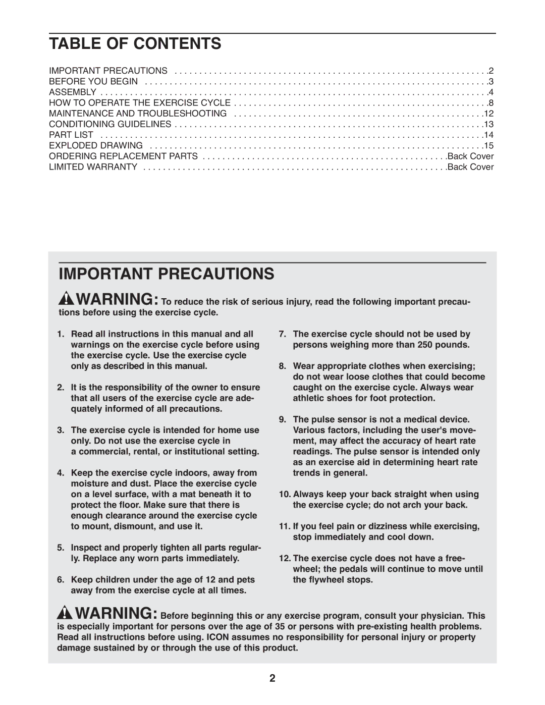 ProForm PFEX1995.0 user manual Table of Contents, Important Precautions 