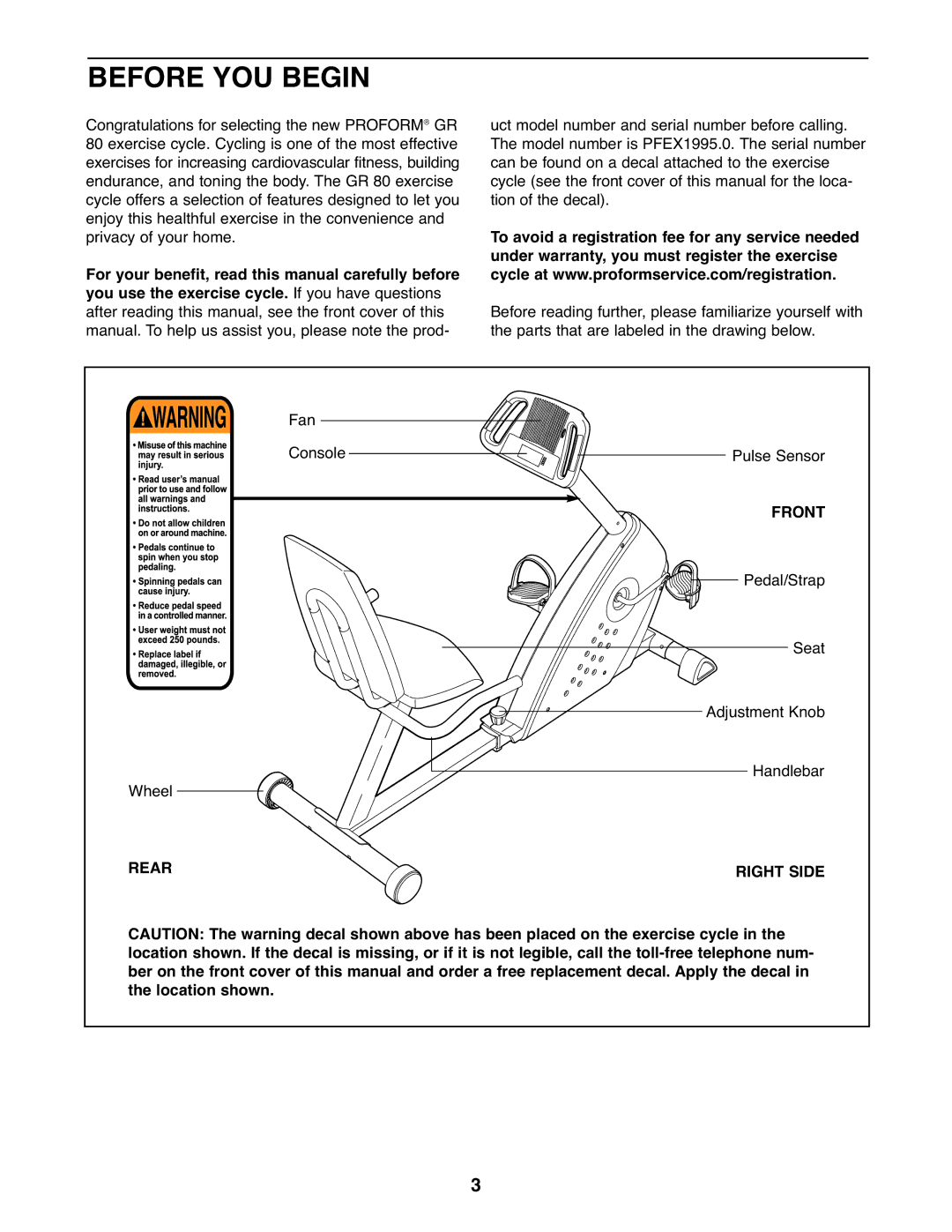 ProForm PFEX1995.0 user manual Before YOU Begin, Rear, Front, Right Side 