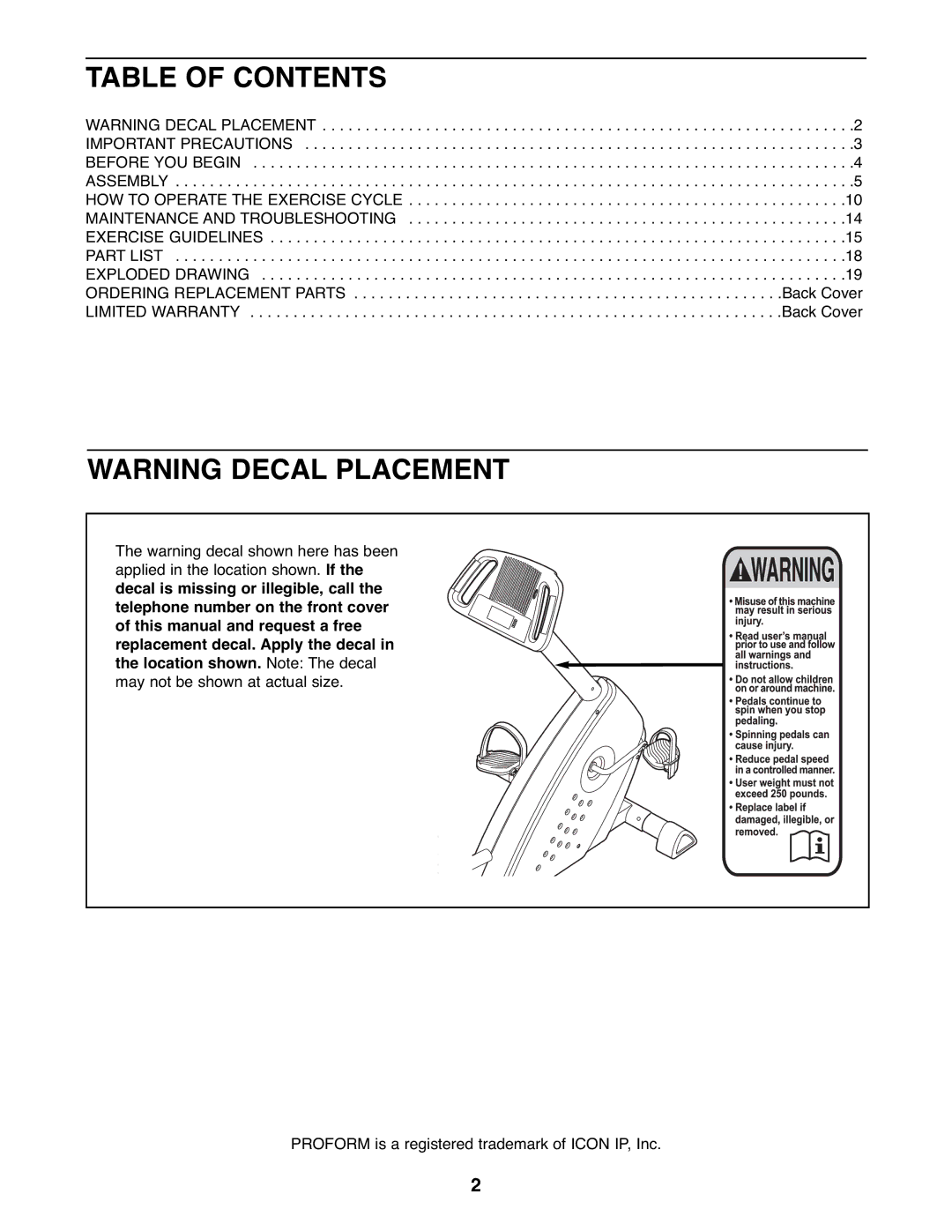 ProForm PFEX1995.1 user manual Table of Contents 