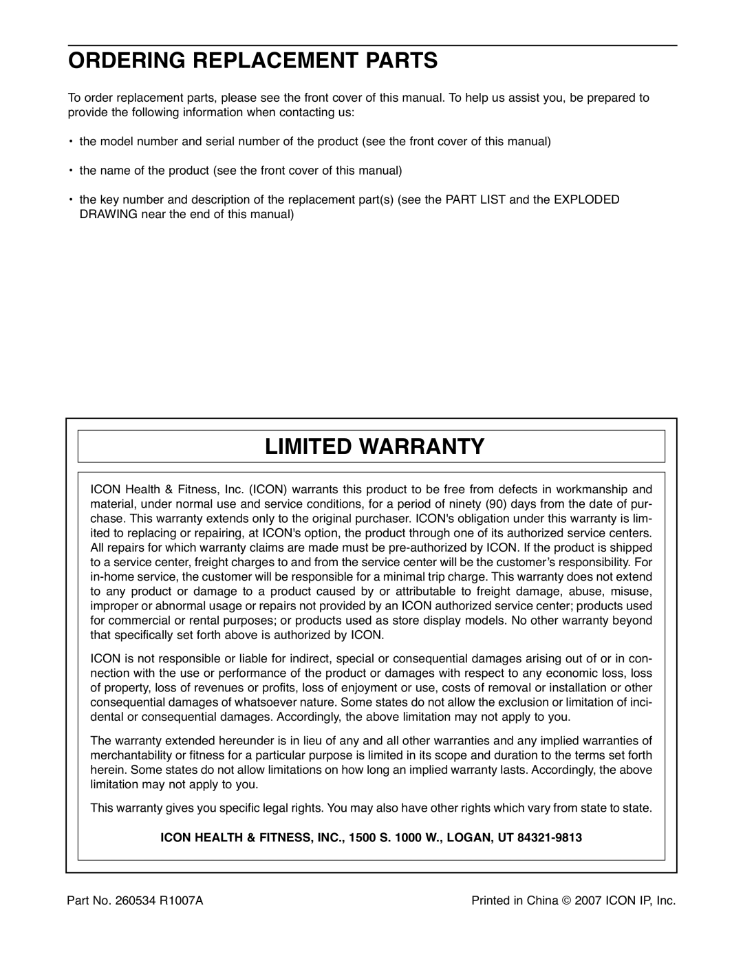 ProForm PFEX1995.1 Ordering Replacement Parts, Limited Warranty, Icon Health & FITNESS, INC., 1500 S W., LOGAN, UT 