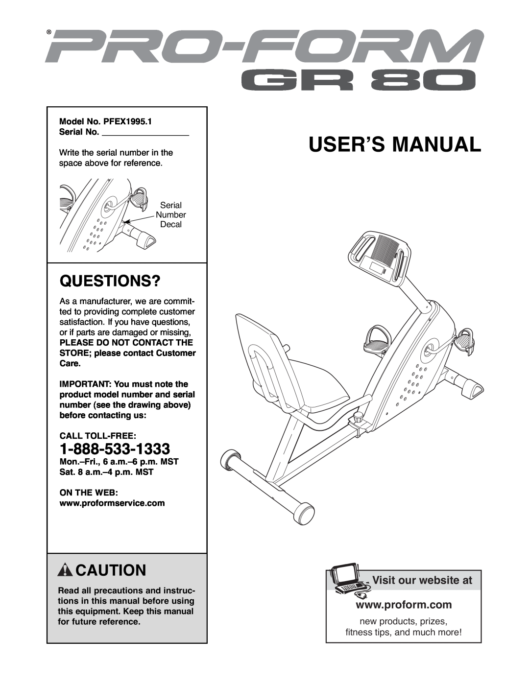 ProForm PFEX1995.1 user manual Questions?, User’S Manual, Visit our website at 