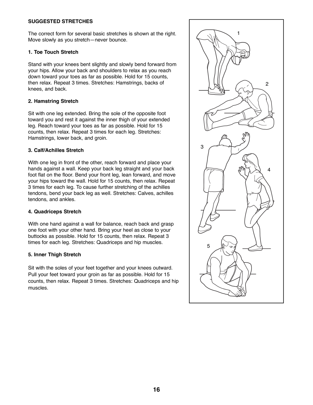 ProForm PFEX1995.1 Suggested Stretches, Toe Touch Stretch, Hamstring Stretch, Calf/Achilles Stretch, Quadriceps Stretch 