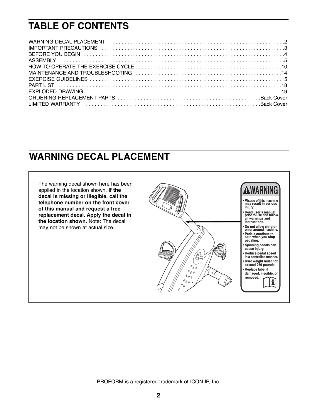 ProForm PFEX1995.1 Table Of Contents, Warning Decal Placement, PROFORM is a registered trademark of ICON IP, Inc 