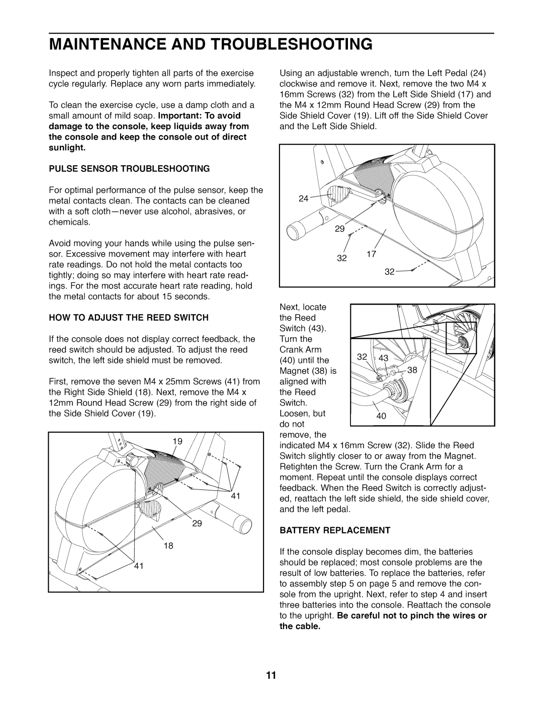 ProForm PFEX20020 user manual Maintenance and Troubleshooting, Sunlight, HOW to Adjust the Reed Switch, Battery Replacement 