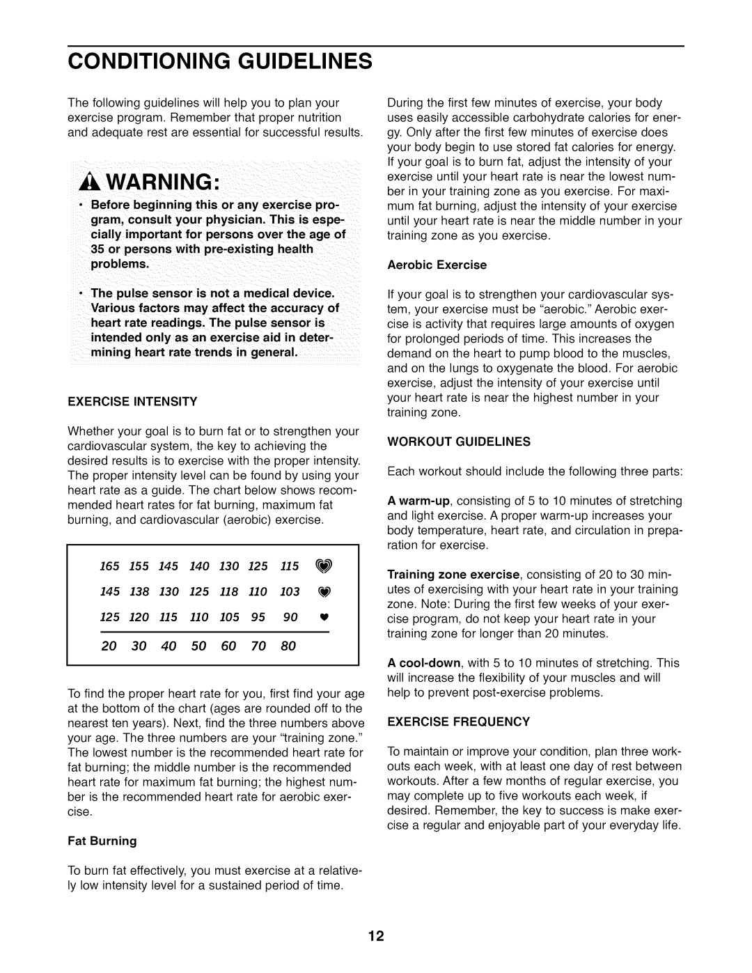 ProForm PFEX20020 user manual Conditioning Guidelines, Exercise Intensity, Workout Guidelines, Exercise Frequency 