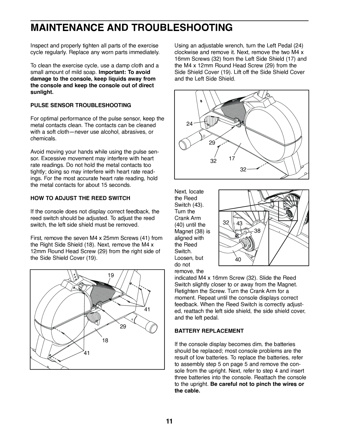 ProForm PFEX20020 user manual Maintenance and Troubleshooting, Pulse Sensor Troubleshooting, HOW to Adjust the Reed Switch 