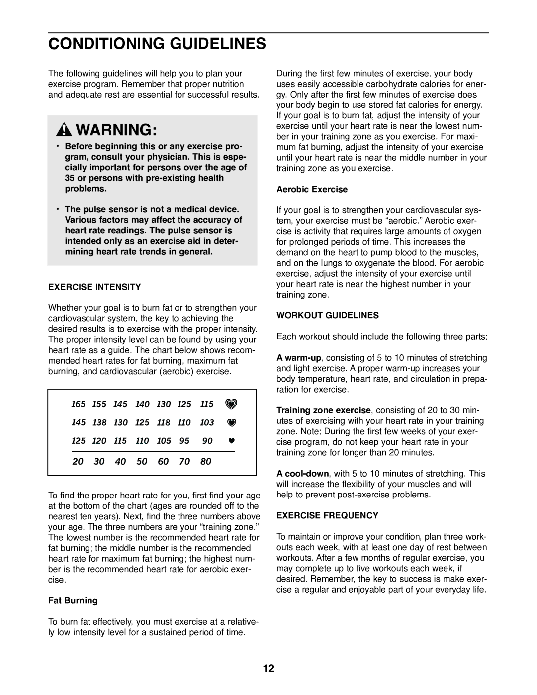 ProForm PFEX20020 user manual Conditioning Guidelines, Exercise Intensity, Workout Guidelines, Exercise Frequency 