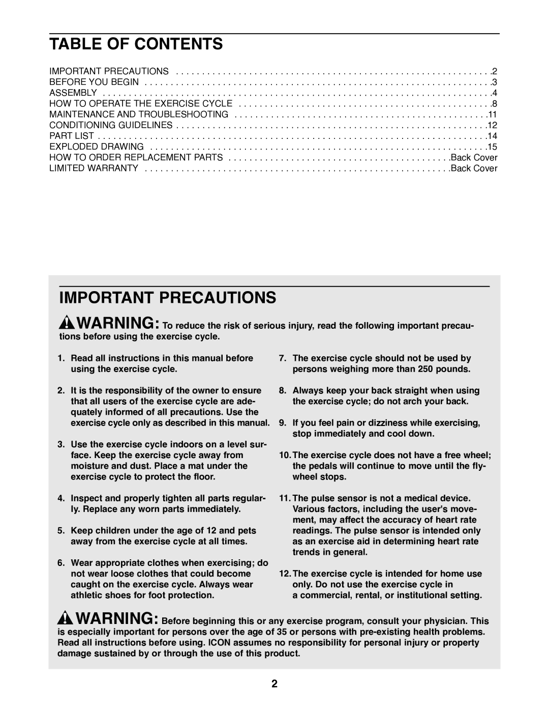 ProForm PFEX20020 user manual Table of Contents, Important Precautions 