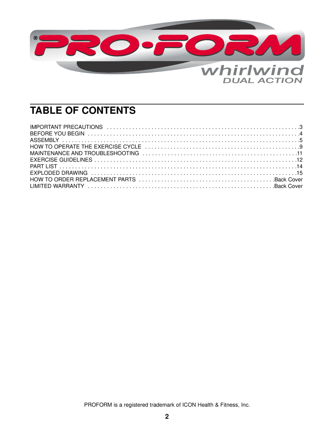 ProForm PFEX25121 user manual Table of Contents 