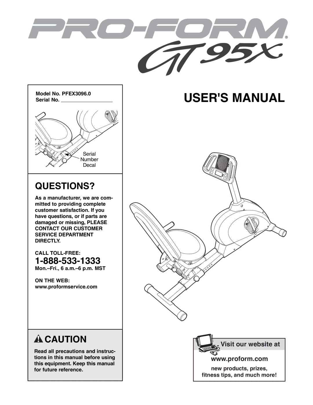 ProForm user manual Questions?, Model No. PFEX3096.0 Serial No, Call TOLL-FREE 