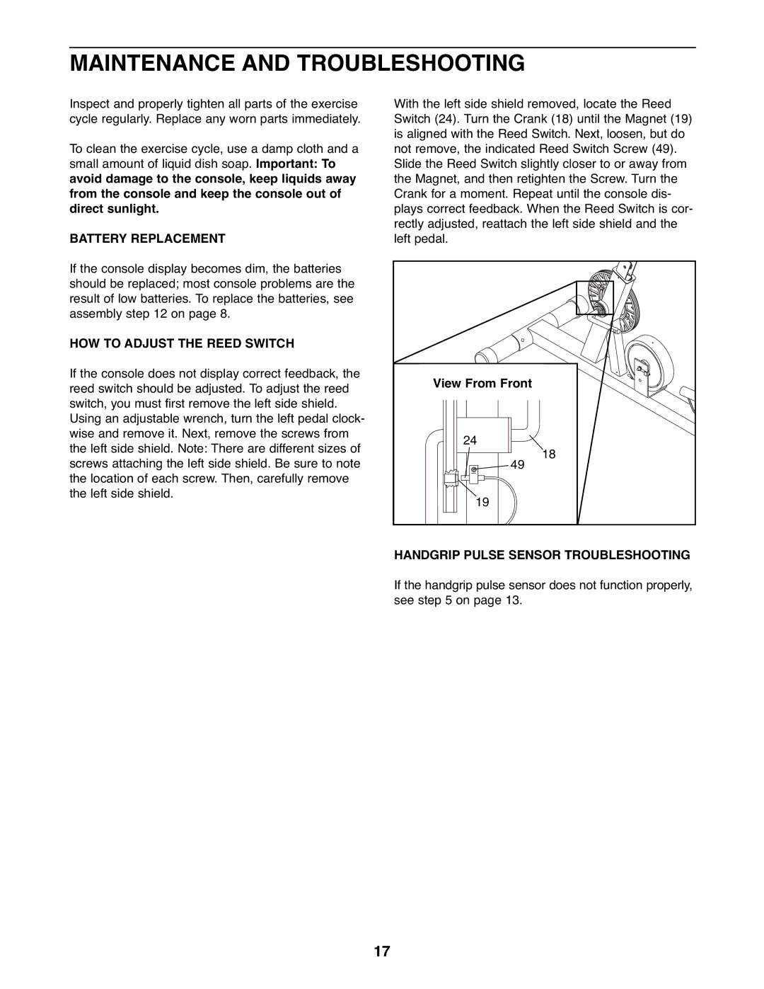 ProForm PFEX3096.0 user manual Maintenance and Troubleshooting, Battery Replacement, HOW to Adjust the Reed Switch 