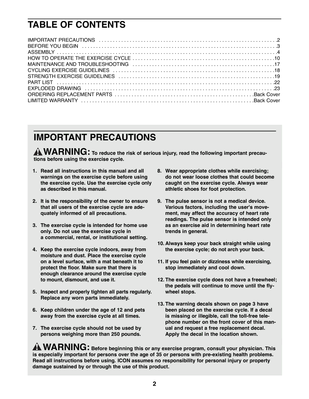 ProForm PFEX3096.0 user manual Table of Contents, Important Precautions 