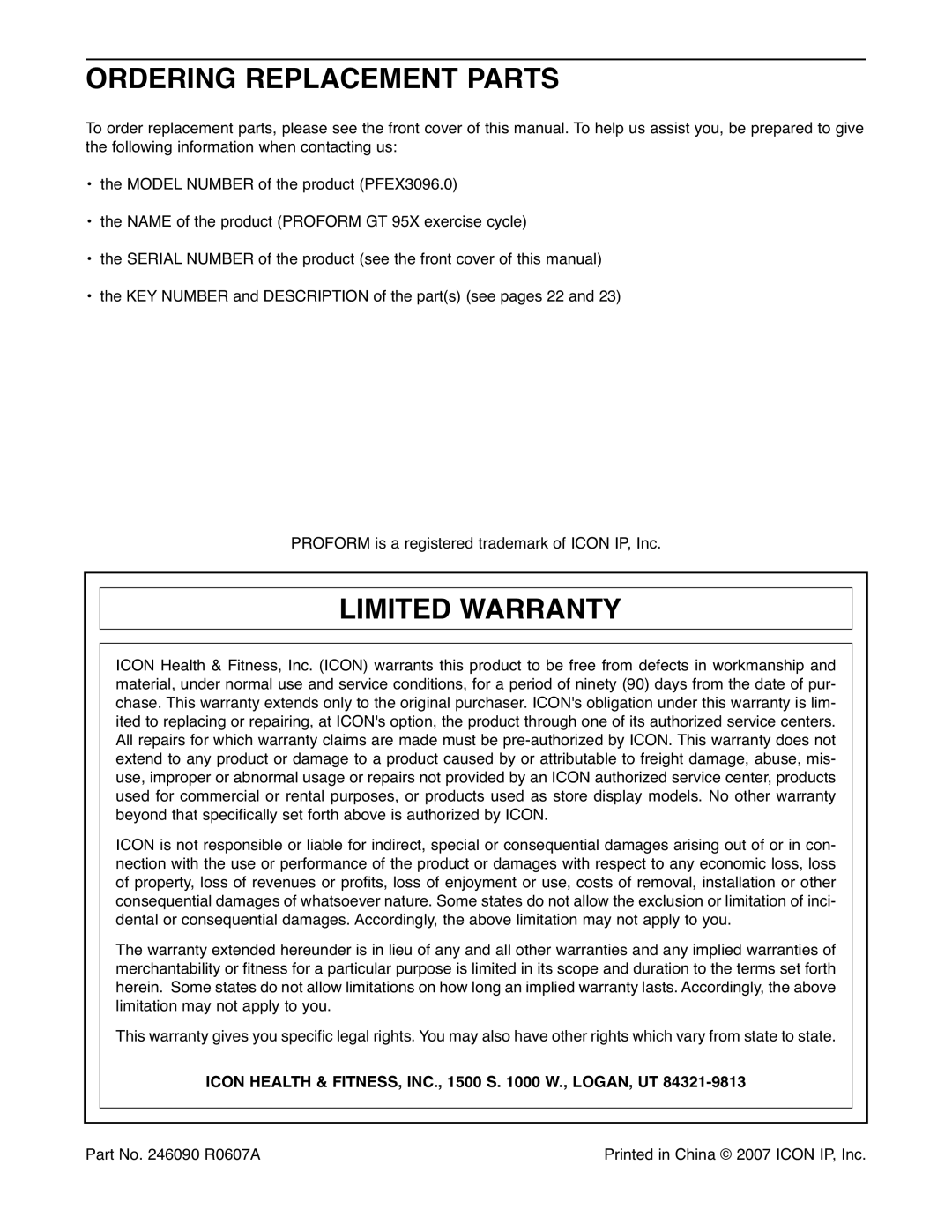 ProForm PFEX3096.0 Ordering Replacement Parts, Limited Warranty, Icon Health & FITNESS, INC., 1500 S W., LOGAN, UT 