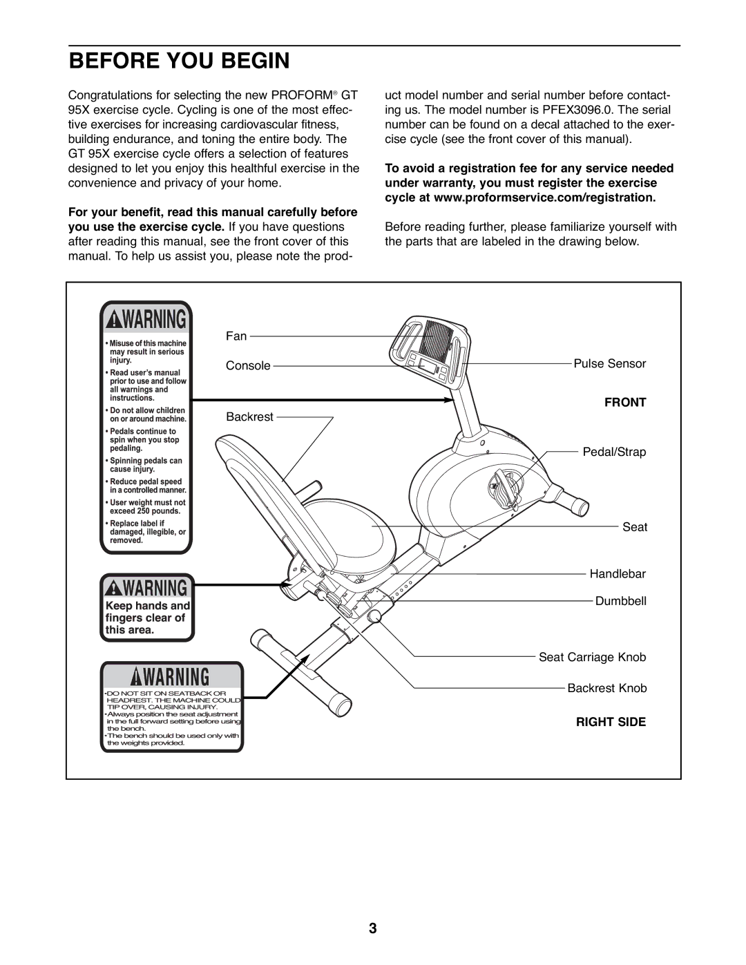 ProForm PFEX3096.0 user manual Before YOU Begin, Front, Right Side 