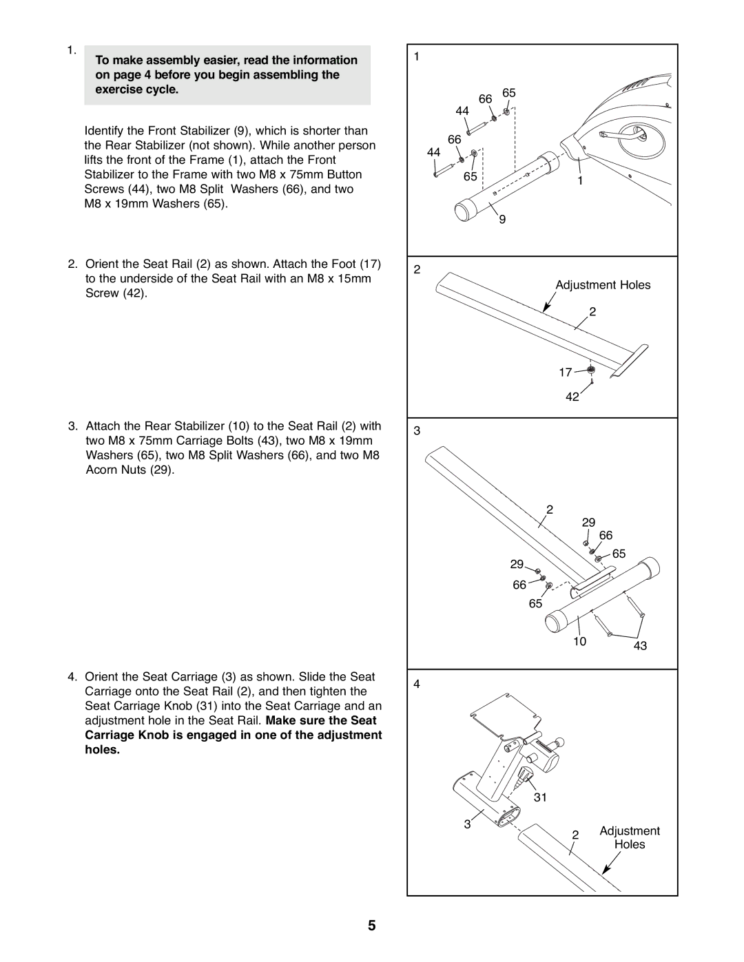 ProForm PFEX3096.0 user manual Carriage Knob is engaged in one of the adjustment holes 