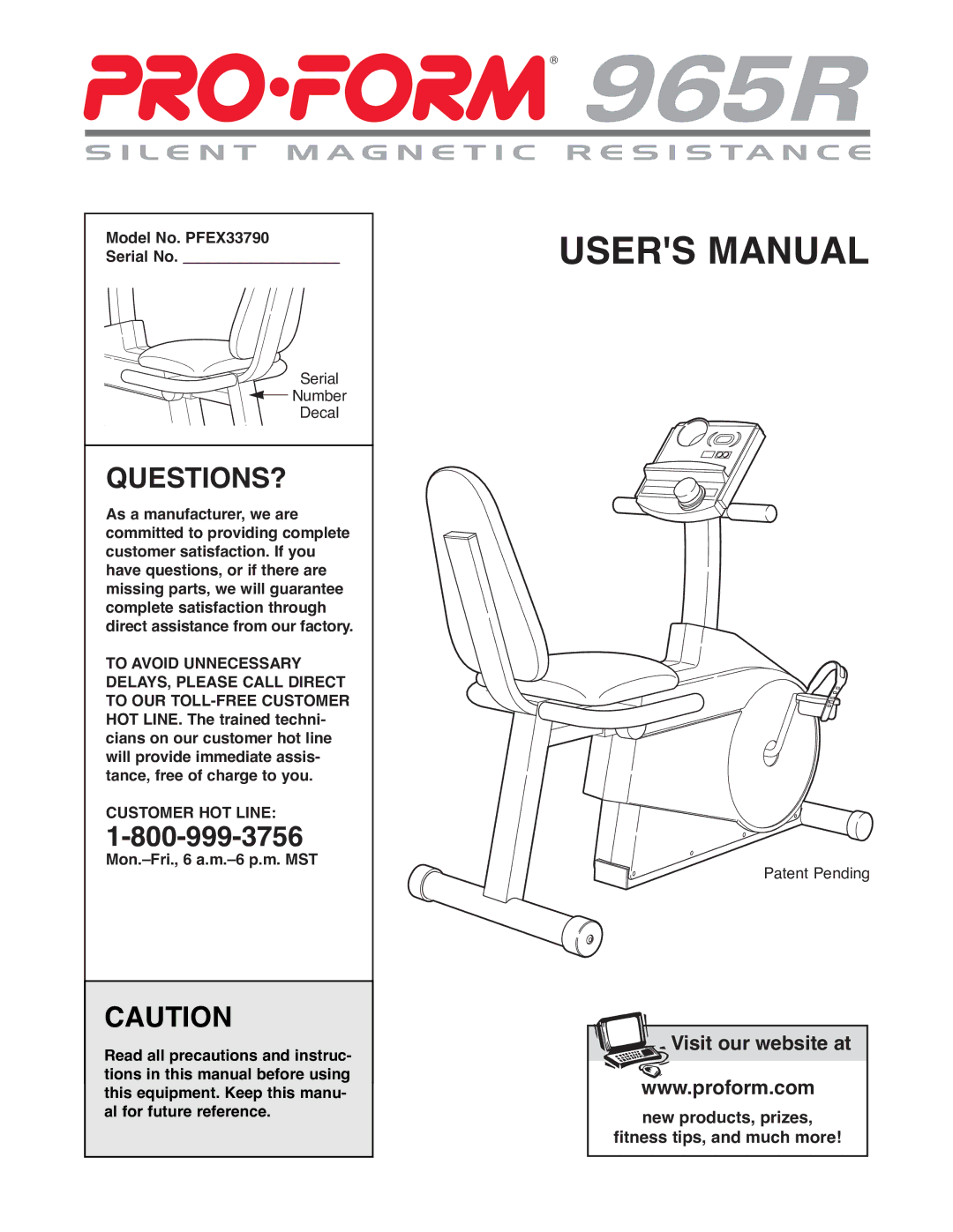 ProForm PFEX33790 user manual Questions?, Customer HOT Line 