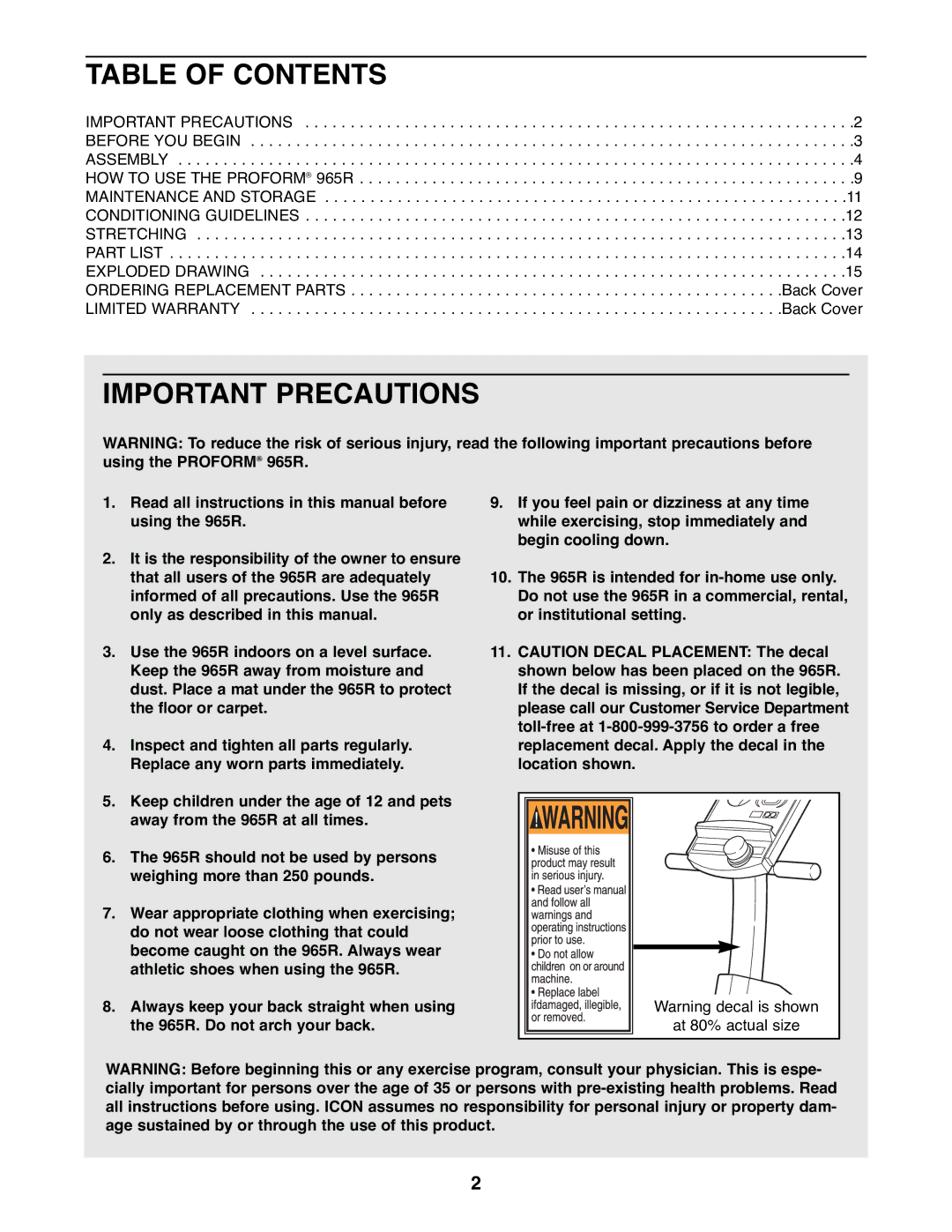 ProForm PFEX33790 user manual Table of Contents, Important Precautions 